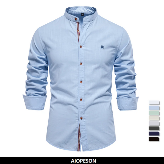 AIOPESON 100% Cotton Social Shirt Men Solid Color Long Sleeve High