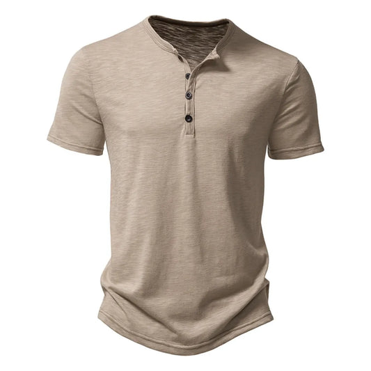 Henley Collar Summer Men Casual Solid Color Short Sleeve T Shirt for
