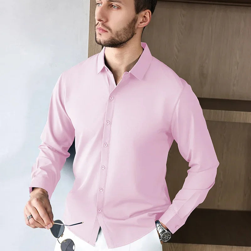 New Men's Business Casual Long Sleeved Solid Color Shirt Wrinkle