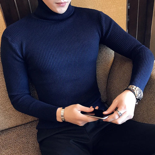Mens Turtleneck Sweaters Winter Warm Knit Pullover Korean Cotton Solid