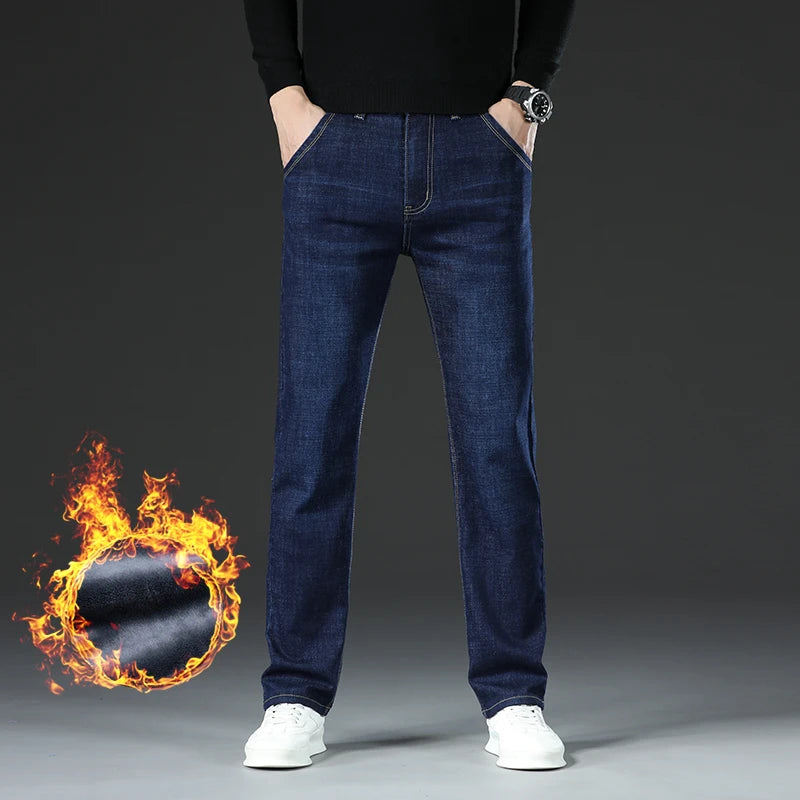 Winter Warm Fleece Jeans Men's Thick Thermal Casual Straight Denim