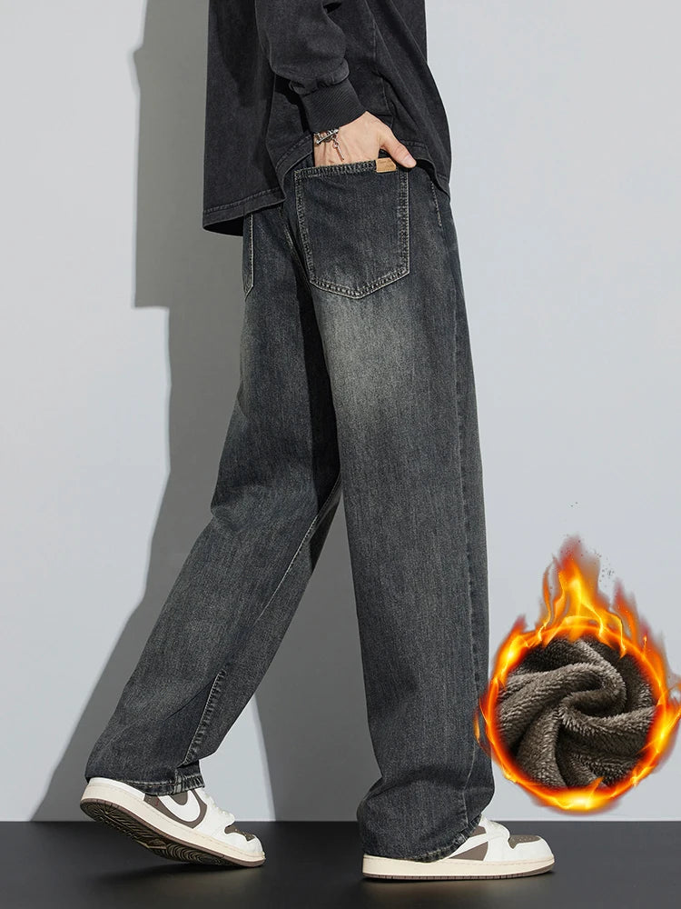 Korean Wide Legs Fleece Jeans Men's Winter Warm Thickened Velvet Loose