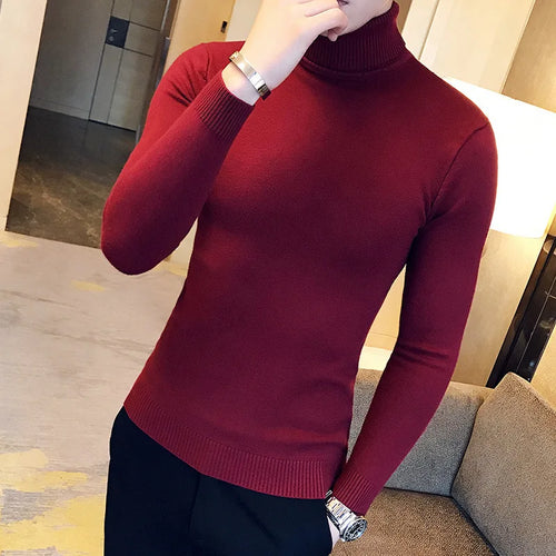 Mens Turtleneck Sweaters Winter Warm Knit Pullover Korean Cotton Solid