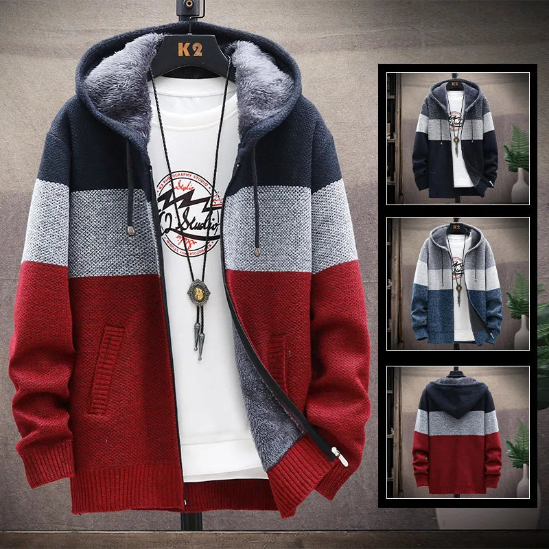 Men's Knit Sweater Fleece Coat Striped Jackets Fashion Hoodies Winter