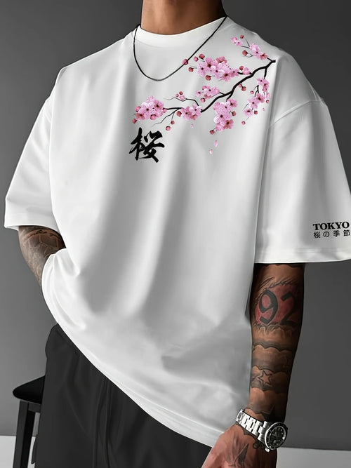 Summer Men Cherry Blossom Pattern Japanese Style Loose-Tee Shirt