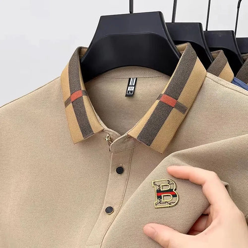 Luxury brand logo short sleeve polo shirt men summer new high-end silk