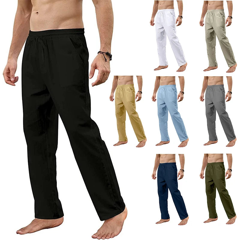 Men's Cotton Linen Pants Loose Breathable Casual Solid Color Long