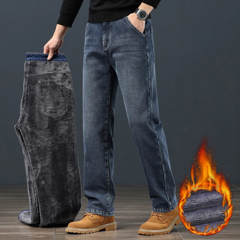 Winter Fleece Men Jeans Classic Loose Straight Warm Thicken Trousers