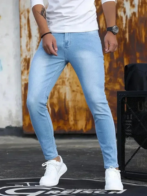 Men Jeans Stretch Skinny Denim Pants Solid Color Black Blue Spring