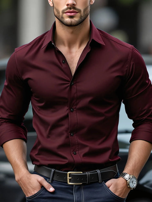 FGKKS New Men Shirt Brand New Solid Color Long Sleeve Elastic Fabric