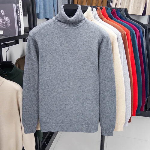 Autumn Mens High Quality Knitted Turtleneck Sweater Slim Fit Long
