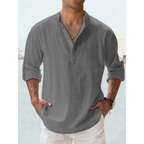 Cotton Linen Hot Sale Men's Short-Sleeved Shirts Summer Solid Color