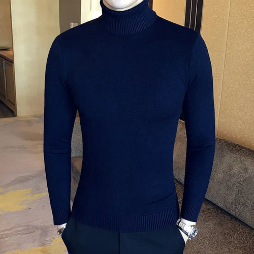 Mens Turtleneck Sweaters Winter Warm Knit Pullover Korean Cotton Solid