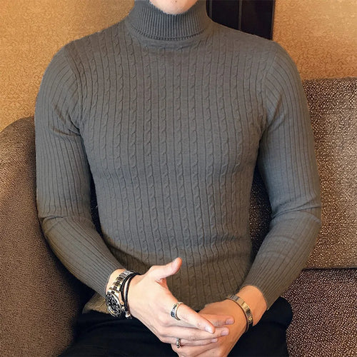 Autumn Winter Turtleneck Pullovers Warm Solid Color Men's Sweater Slim