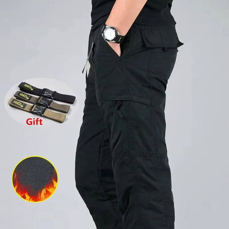 Men's Fleece Cargo Pants Winter Plush Tactical Pants Casual Joggers