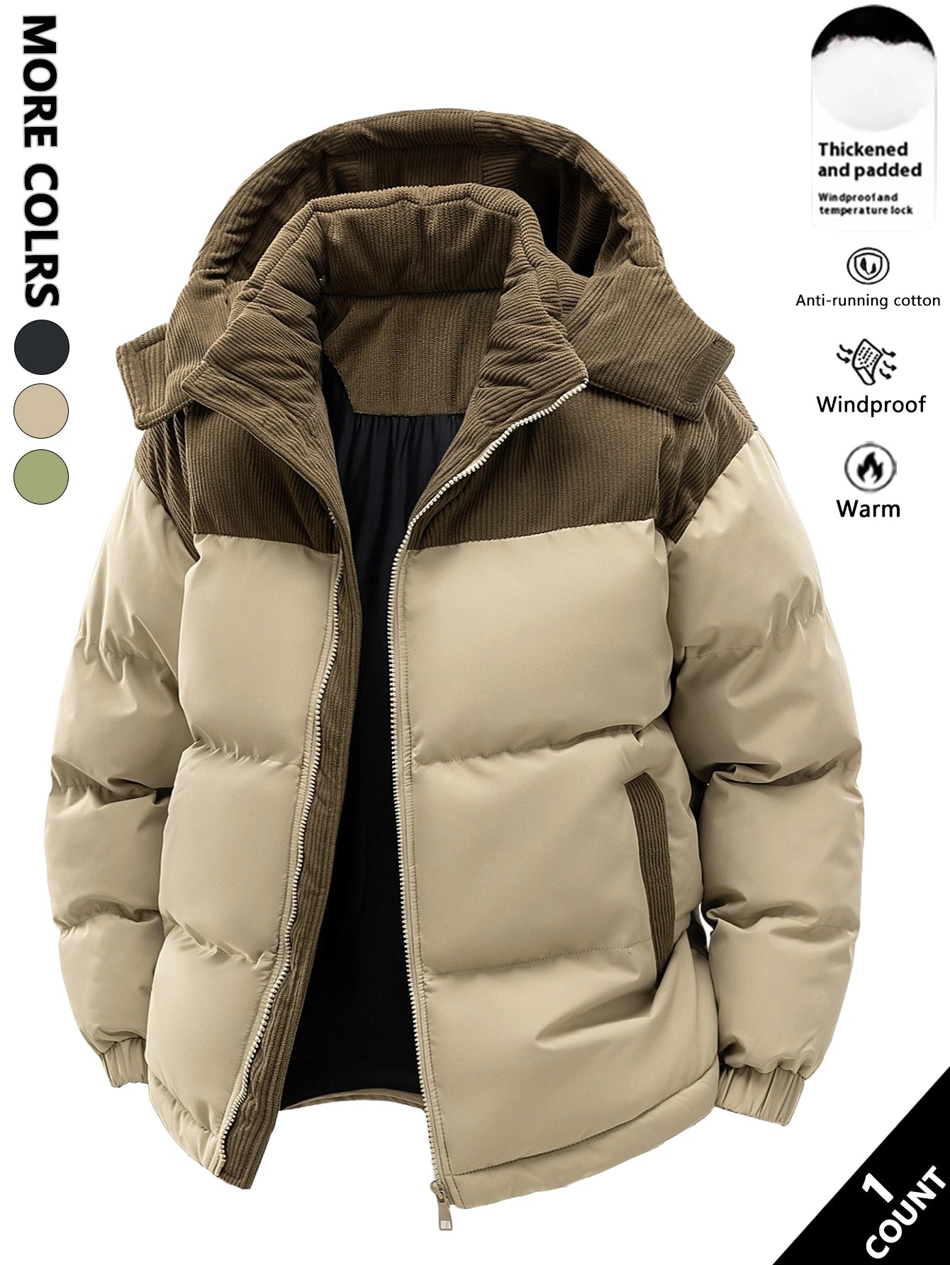 Men's Hooded Cotton Jacket, Thickeneded and Warm in Winter, Windproof
