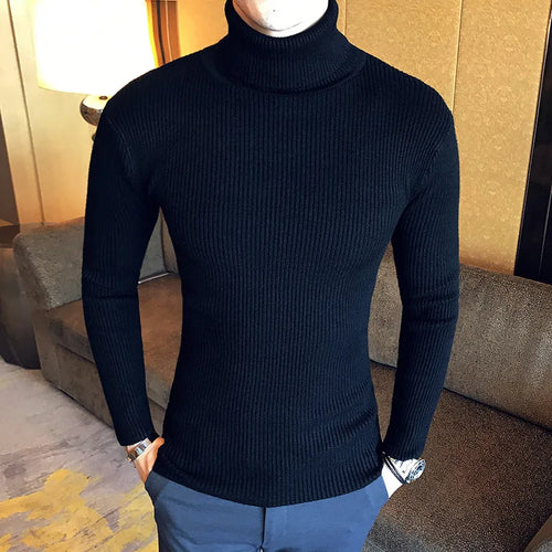 Mens Turtleneck Sweaters Winter Warm Knit Pullover Korean Cotton Solid