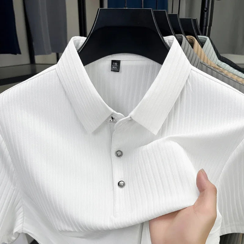 2025 New Men's Casual Fashion Striped Short Sleeved Collar Polo Shirt