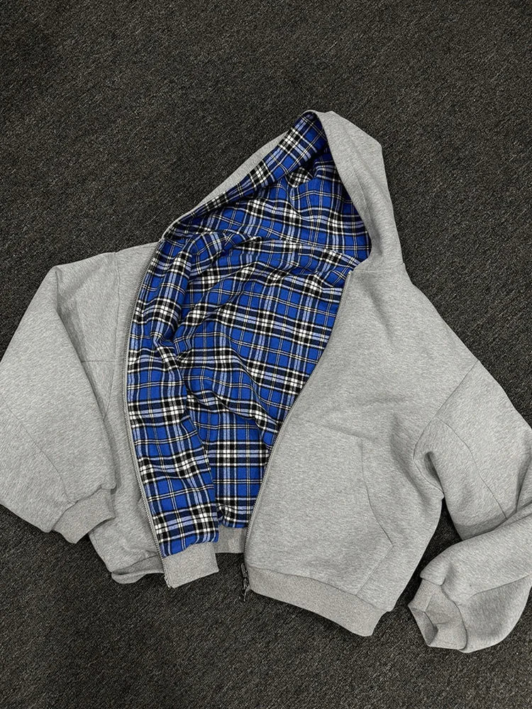 Winter Casual Plaid Print Hoodie Women's Warm Zip-Up Double-Sided Wear