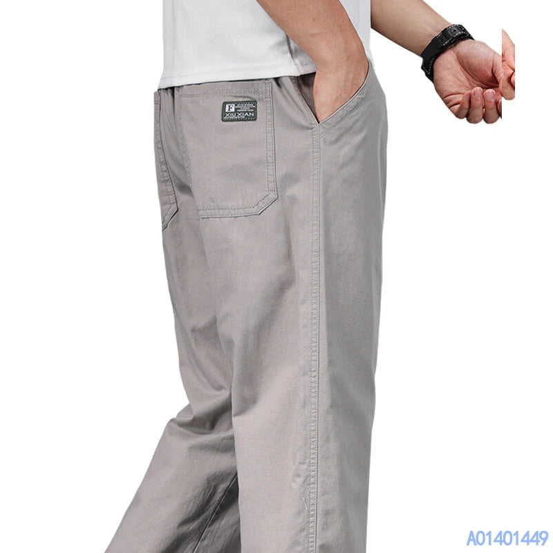 Big Size Mens Casual Pants Relaxed Fit Cotton Trousers Elastic Waist