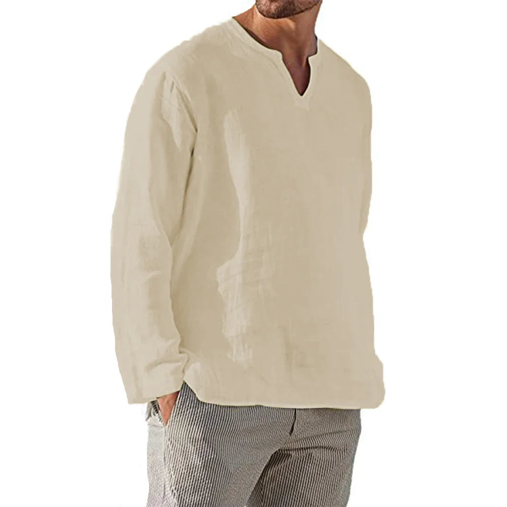 Men's Cotton Linen Shirt Cozy Solid Color Long Sleeve Breathable Tops