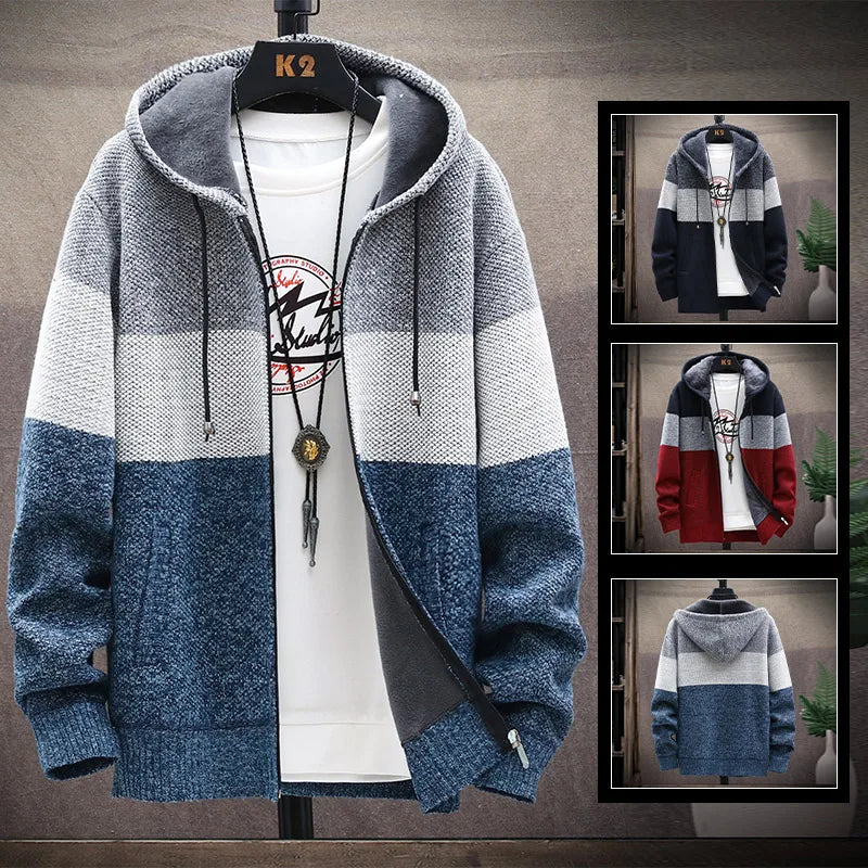 Men's Knit Sweater Fleece Coat Striped Jackets Fashion Hoodies Winter