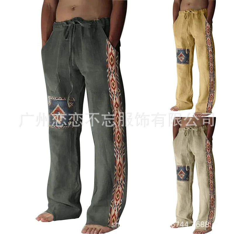 1 Mens Summer Beach Drawstring Ethnic Style Casual Straight Leg