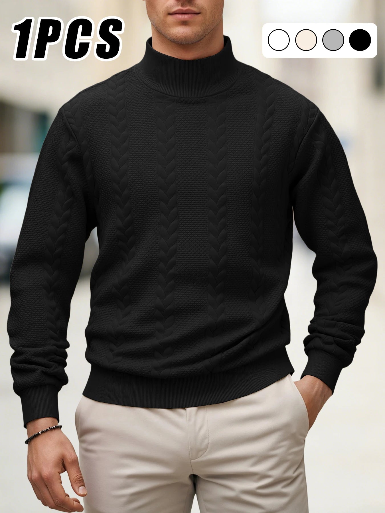 Autumn Winter Thick Knitted Sweater Men Pullovers Solid Color Mock