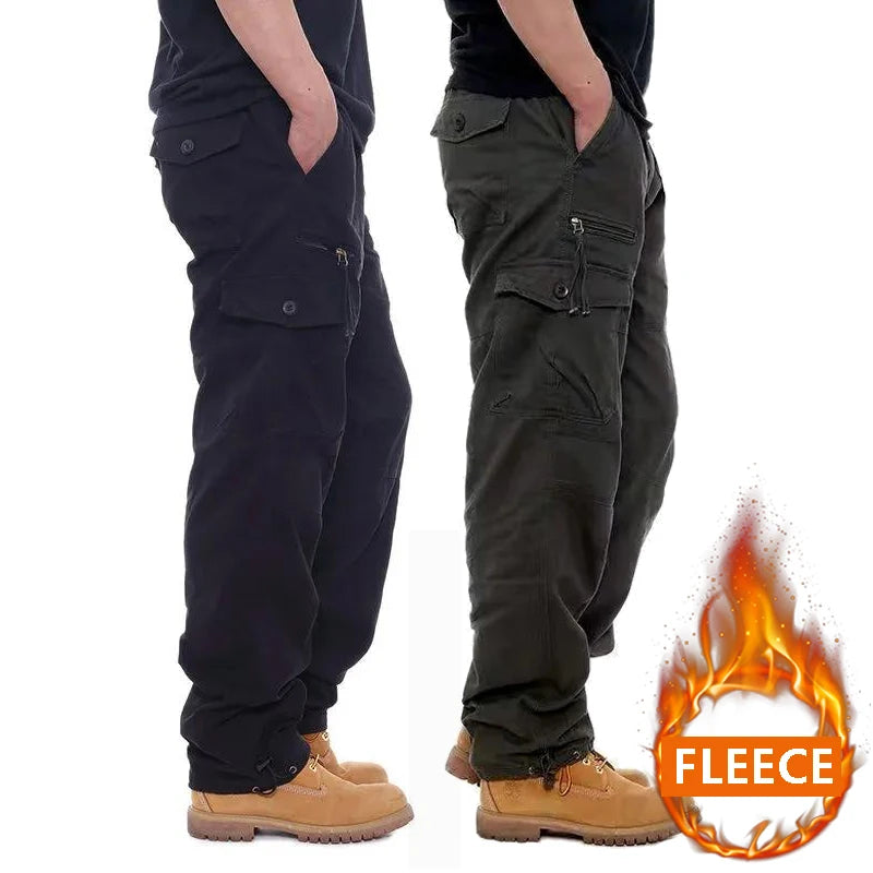 Autumn Winter Mens Cargo Pants Fleece Warm Trousers Cotton Pants