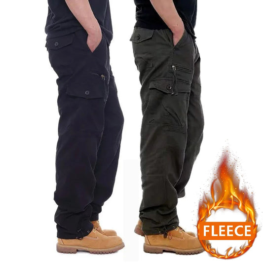 Autumn Winter Mens Cargo Pants Fleece Warm Trousers Cotton Pants