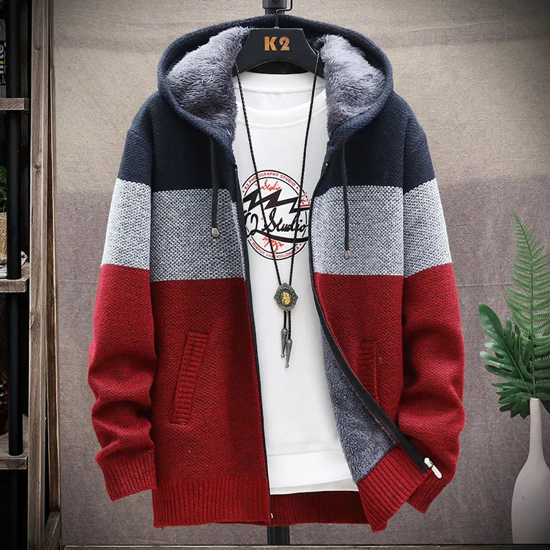 Men's Knit Sweater Fleece Coat Striped Jackets Fashion Hoodies Winter