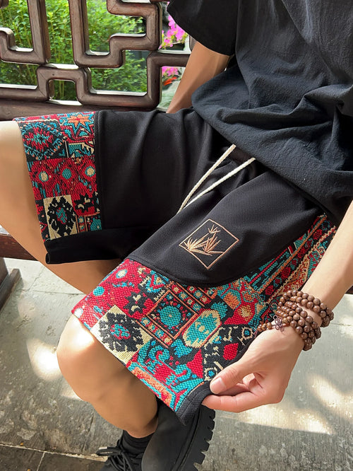 Men's ethnic embroidery pattern shorts with pockets, summer casual