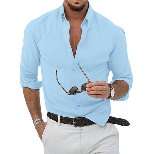 New Cotton Linen Shirts Men's Tops Causal Loose Solid Color Long