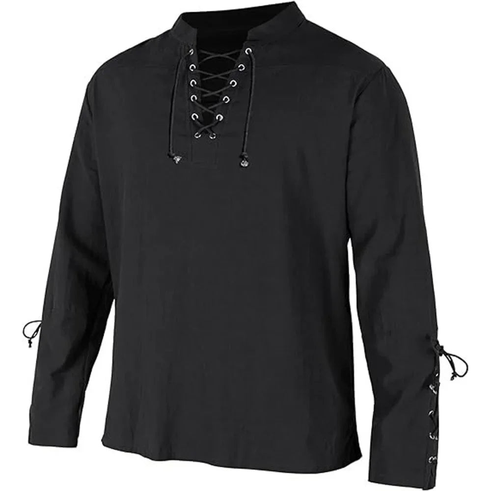 Men's Long Sleeve Shirts Lace Up V-neck Cuff Medieval Pirate Dress Up