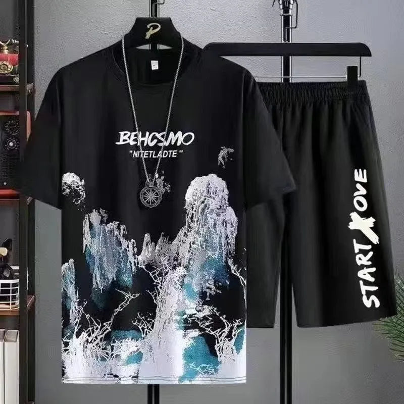 2024 Summer leisure Men set Manga Graffiti Tees T-shirt+shorts 2-piece