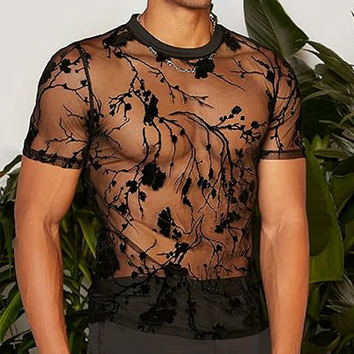 Summer Men's Clothing Mesh Lace Knit T-shirt Streetwear Hollow-Out O