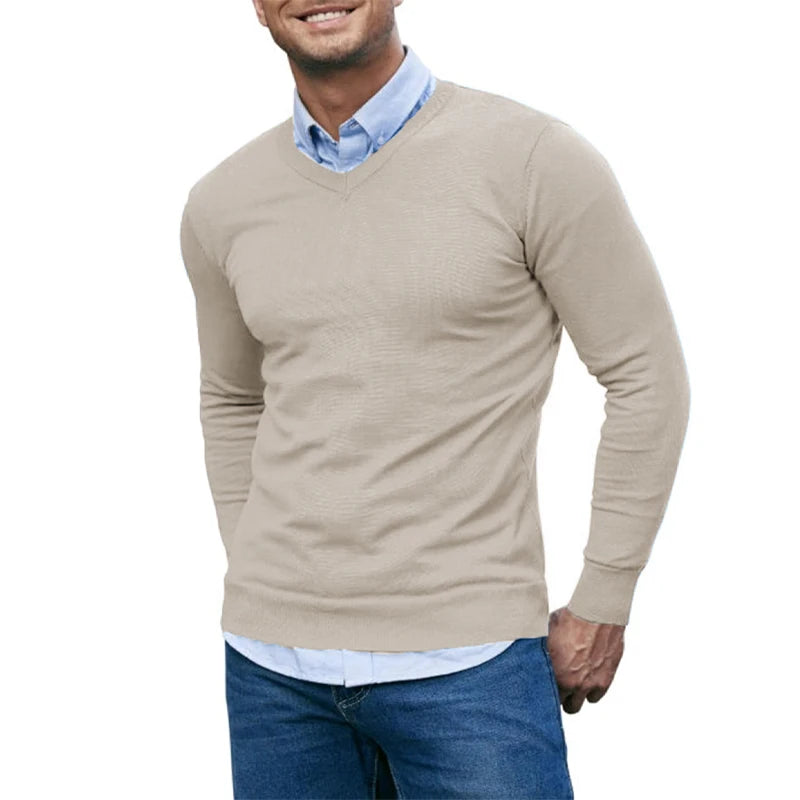 Men's V Neck Sweater Knitted Pullover Casual Soft Lightweight Long