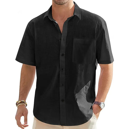 Men's Solid Color Cotton Linen Short Sleeve Shirts Vacation Beach