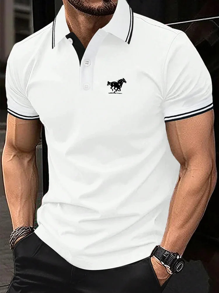 Men Horse Print Striped Trim Polo Shirt Short Sleeve Basic Modern