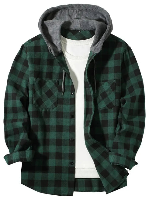 Youth Fashion Street Hooded Plaid Shirt Men's Slim Fit Long Sleeved