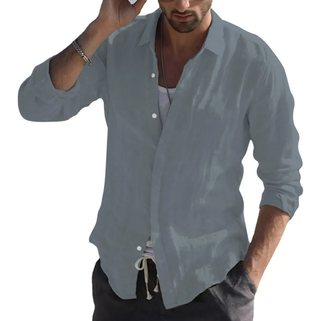 Men's retro casual long-sleeved lapel single-breasted cardigan shirt