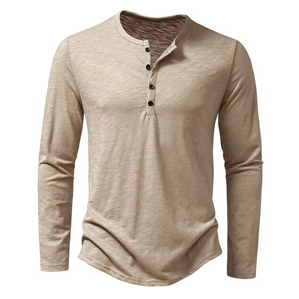 Autumn New Men's Cotton Button Long Sleeve  Henley Neck T-Shirt Casual