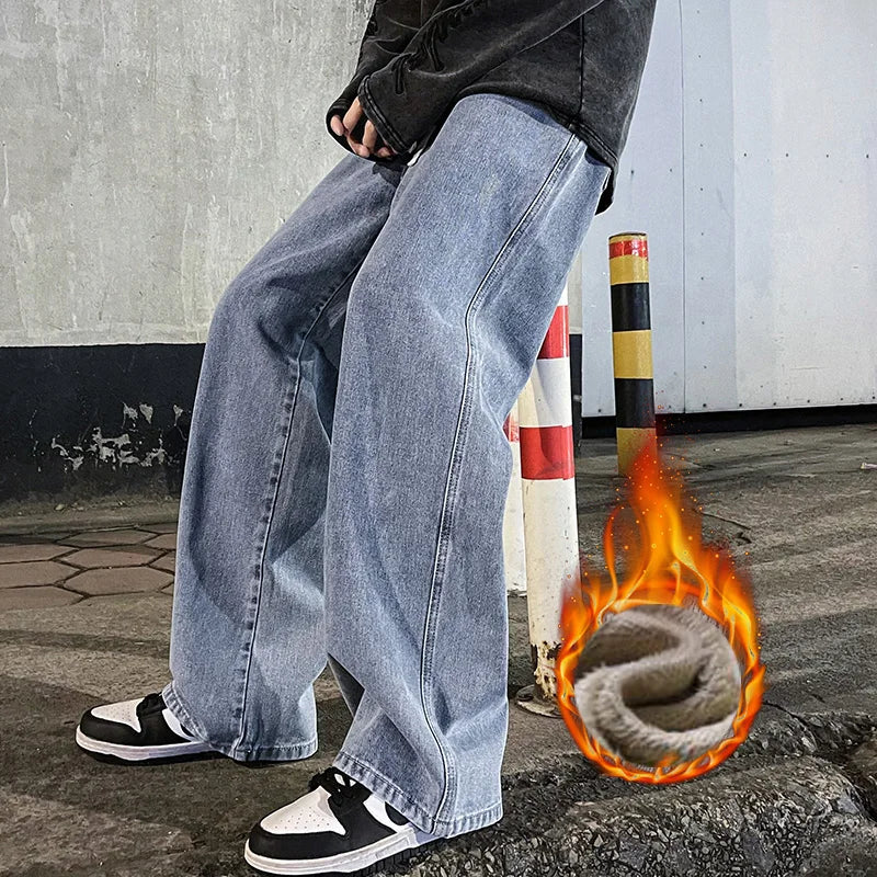 Men's Winter Fleece Loose Jeans Velvet Warm Elastic Waist Wide Leg Y2K