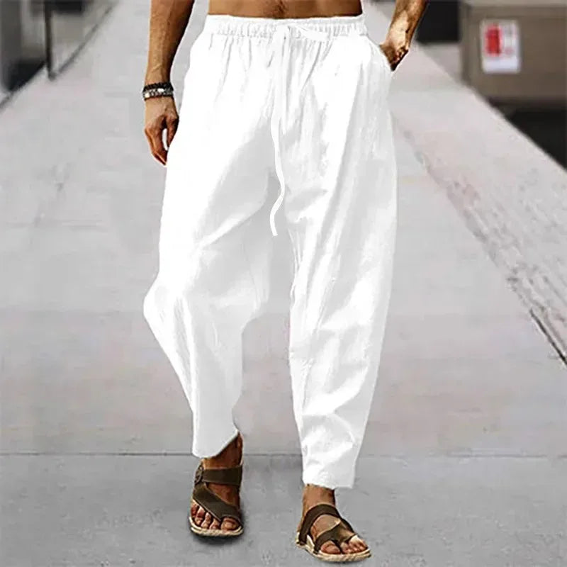 New Men Cotton Linen Pants Summer and Autumn Solid High Waist Wide-Leg