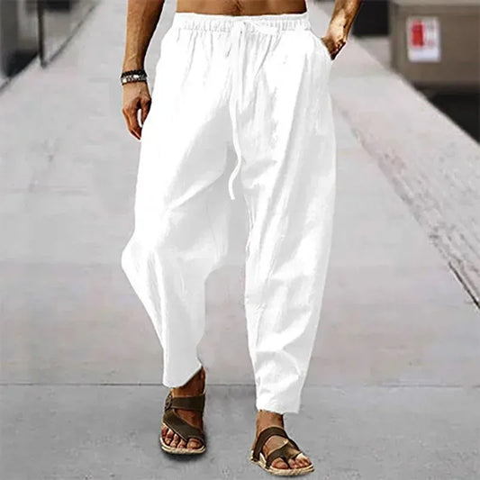 New Men Cotton Linen Pants Summer and Autumn Solid High Waist Wide-Leg