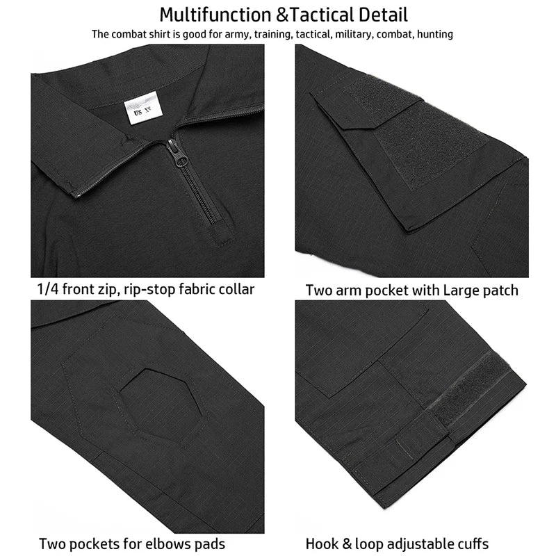 Men's Long Sleeve Combat Shirt 1/4 Zipper Ripstop Cotton Tactical