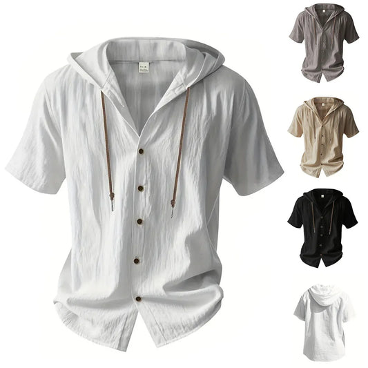 Cotton Linen Shirt for Men Hooded Short Sleeve Solid Color Breathable