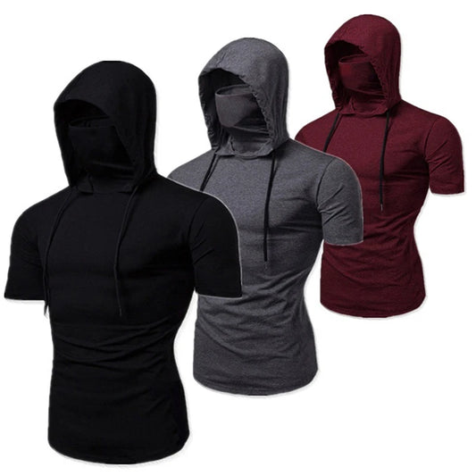 Mens Gym Thin Hoodie Short Sleeve Hoodies With Mask Sweatshirt Casual