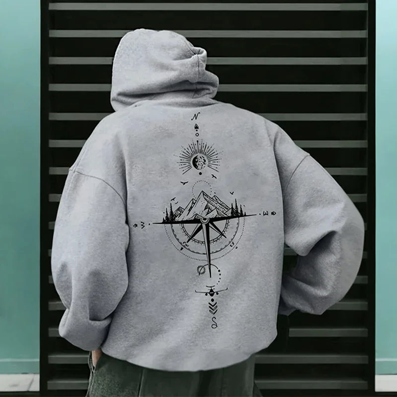 Vintage Compass Print Hoodies for Men High Quality Hooded Long Sleeve