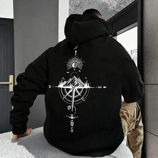 Vintage Compass Print Hoodies for Men High Quality Hooded Long Sleeve